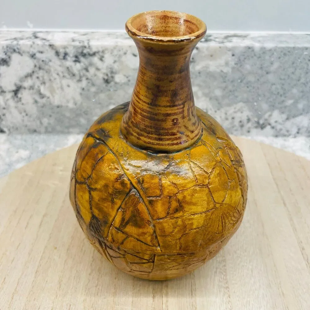 Vintage Otagiri Japan MCM Studio Pottery Vase Incised Bird Stoneware 4